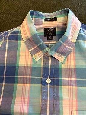 J. Crew Button-Down Plaid Shirt in Blue, Pink and Green